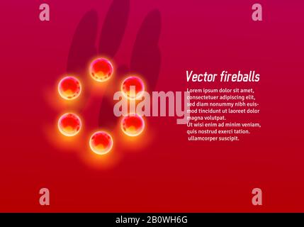 Abstract red background with hot metallic fire balls circle in unusual perspective or from top view Stock Vector