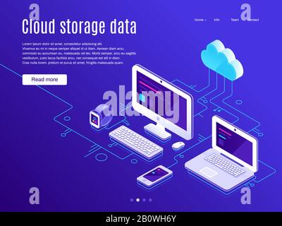 Cloud storage landing page. Synchronization clouds storages and devices, data backup and synchronize apps vector illustration Stock Vector