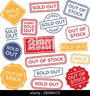 Sold out stamps. Out of stock rubber stamp, red rectangular shopping label and sales badge tag vector set Stock Vector