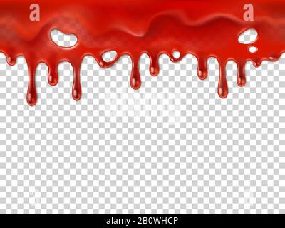 Seamless dripping blood. Halloween red bleed stain, bleeding bloody drips or ketchup drip drop realistic 3D vector illustration Stock Vector