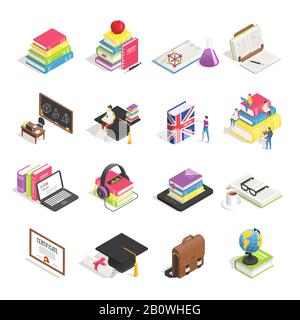 Isometric college education icon. School blackboard, students briefcase and professor glasses. Books icons vector set Stock Vector
