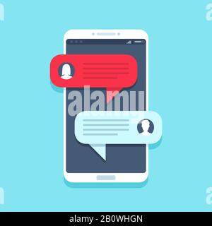 Chat message on smartphone. Mobile phone chatting, people texting messages and sms bubble on phones screen vector flat illustration Stock Vector