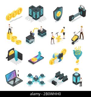 Isometric blockchain. Safe global network, cryptocurrency bitcoin tokens startup ico currency income, mining coin vector collection Stock Vector