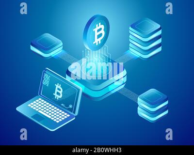 Blockchain technology. Cryptocurrency coins mining, secure distributed network of connected mine blocks isometric vector illustration Stock Vector