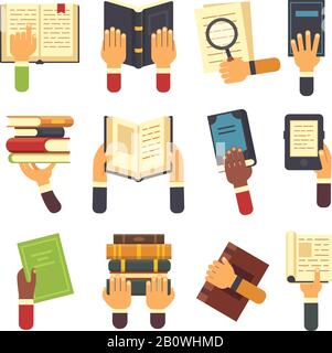 Hands with books. Holding book in hand, reading ebook and reader learning open textbook icon. Reading vector icons set Stock Vector