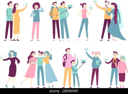 People taking selfie on smartphone. Men taking photos on mobile camera, women posing for photo on smartphones modern flat Stock Vector