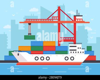 Marine docks. Cargo ship loading containers boat in seaport vector ...