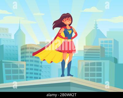 Super woman watching city. Wonder hero girl in suit with cloak at town roof. Comic female superhero on cityscape vector illustration Stock Vector