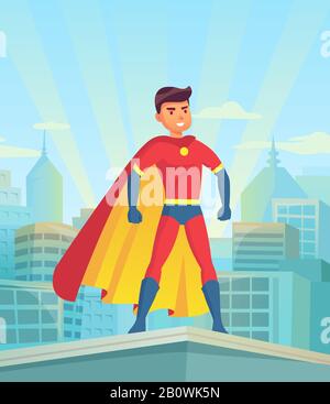 Cartoon superhero watching city. Comic powerful man, hero in super suit with cloak on town cityscape vector illustration Stock Vector