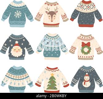 Ugly christmas sweaters. Cartoon cute wool jumper. Knitted winter holidays  sweater with funny snowman, Santa and Xmas tree vector set Stock Vector  Image & Art - Alamy