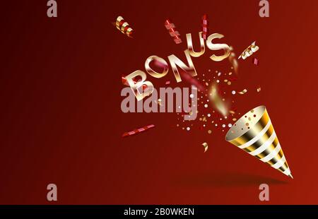 Bonus. Red and gold party Popper with exploding confetti particles isolated on a red background. Stock Vector