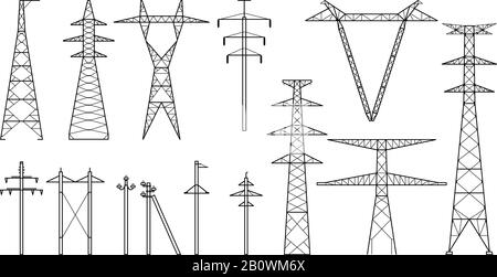 Tangent towers, high voltage electric pylons, power transmission line, types of electric poles and metal towers Stock Vector