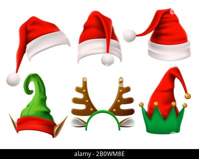 Christmas holiday hat. Funny 3d elf, snow reindeer and Santa Claus hats for noel. Elves clothes isolated vector set Stock Vector