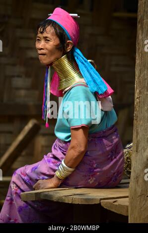 Padaung woman from the Karen tribe with traditional necklaces, Thailand, Southeast Asia Stock Photo