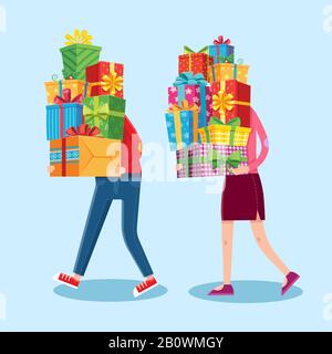 Carry gifts stack. Carrying christmas stacked presents in man and woman character hands. Heavy gift pile vector cartoon illustration Stock Vector