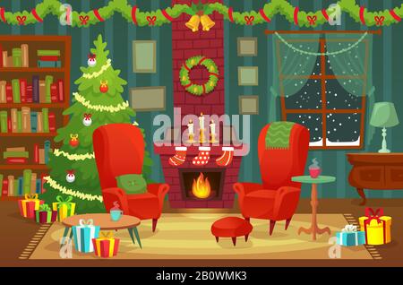 Decorated christmas room. Winter holiday interior decorations, armchair near fireplace and xmas tree vector background illustration Stock Vector