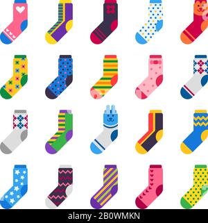 Sock icon. Sport long socks, kids feet clothes and striped warm hosiery isolated vector flat set Stock Vector