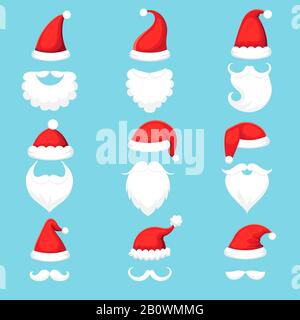 Santa Claus hat and beard. Christmas traditional red warm hats with fur, white beards with mustaches cartoon illustration vector set Stock Vector