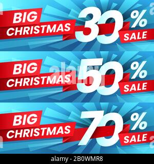 Christmas Sale Discount. Xmas advertising sales discounts deals, winter holiday special offer and shopping best deal banner vector set Stock Vector