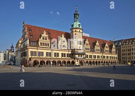 Market with Old Town Hall in Leipzig, Saxony, Germany, Europe Stock Photo