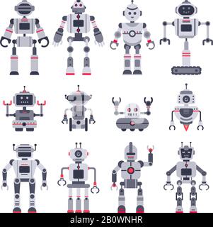 Flat robots. Electronic robot toys, cute chat bot mascot and robotic toy characters vector illustration set Stock Vector