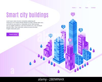 Intelligent city buildings. Urban landing page, futuristic cityscape and smart town. High tech building vector isometric illustration Stock Vector