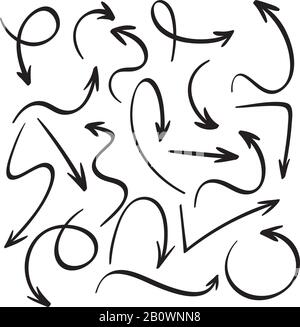 Cartoon black arrows. Hand drawn arrow sketch. Swirl, return back and direction pointer vector icons set Stock Vector