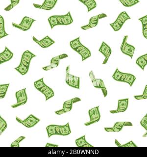 Money rain. Falling dollars denominations, raining cash banknotes or flying dollar banknote. Wealth abundance seamless vector backdrop Stock Vector