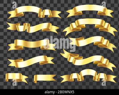 Realistic gold banner. Golden horizontal celebration ribbon. Scroll ribbons and award banners isolated vector illustration Stock Vector