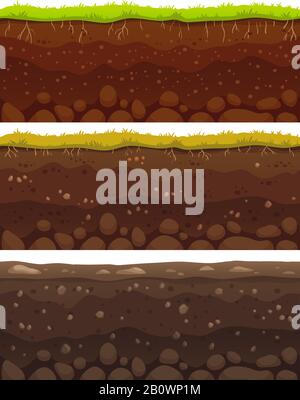 Seamless soil layers. Layered dirt clay, ground layer with stones and grass on dirts cliff texture vector pattern Stock Vector