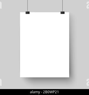 Blank white poster template. Affiche, paper sheet hanging on wall. Vector mockup Stock Vector