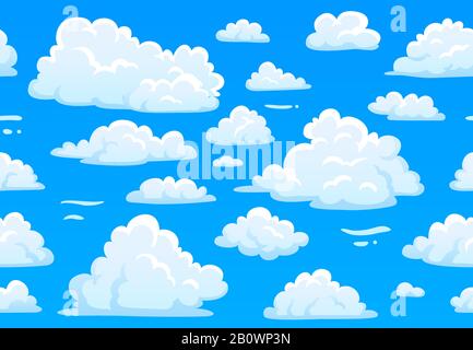Cartoon blue cloudy sky. Horizontal seamless pattern with white fluffy clouds. 2d game overcast sky vector texture Stock Vector
