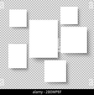Blank hanging photo frames. Picture gallery paper rectangular borders. Photos on wall vector mockup Stock Vector