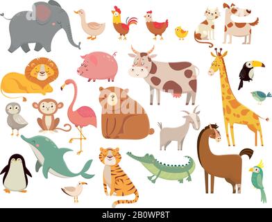 Cartoon animals. Cute elephant and lion, giraffe and crocodile, cow and chicken, dog and cat. Farm and savanna animals vector set Stock Vector