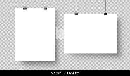 White blank posters hanging on binders. A4 paper page, sheet on wall. Vector mockup Stock Vector