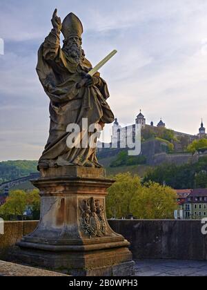 Saint Kilian on the old Main Bridge with Marienberg Fortress in Wuerzburg, Lower Franconia, Bavaria, Germany, Europe Stock Photo