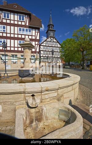 Market fountain with town hall in Allendorf, Bad Sooden-Allendorf, Hesse, Germany, Europe Stock Photo