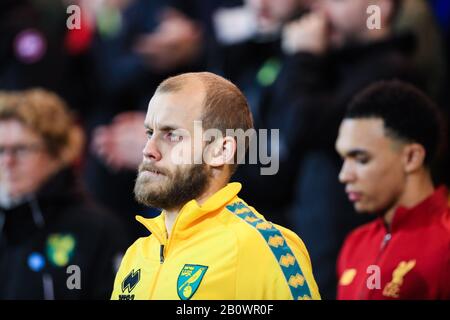 15th February 2020, Carrow Road, Norwich, England; Premier League, Norwich City v Liverpool : Teemu Pukki (22) of Norwich City leads out onto the pitch ahead of kick-off Stock Photo