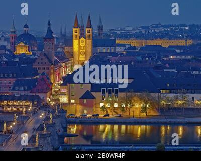 City panorama with old Main Bridge, collegiate monastery Neumünster, Grafeneckart town hall and Kiliansdom, residence in Würzburg, Lower Franconia, Bavaria, Germany, Europe Stock Photo