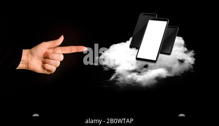 concept - of cell phone floating in the clouds with white screen on black background Stock Photo
