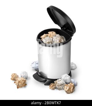 trash can isolated on white background with paper Stock Photo