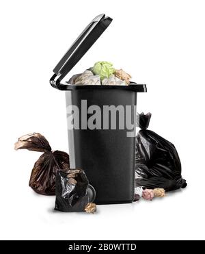 Black garbage bin on the white background with paper Stock Photo