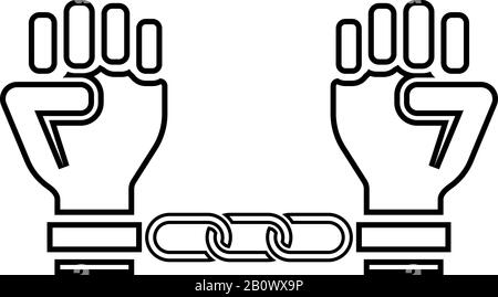 Handcuffed hands Chained human arms Prisoner concept Manacles on man Detention idea Fetters confine Shackles on person icon outline black color Stock Vector