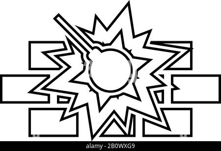 Working demolish machine on building construction Destroying brick wall with metal ball Wrecking house home concepting icon outline black color Stock Vector