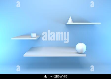 3d render shelves with abstract geometric white shapes on a blue background. Minimalistic podium concept Stock Photo