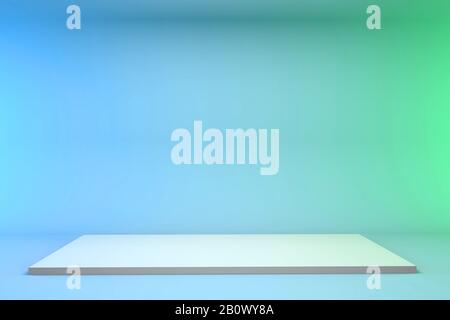 3d render pedestal on a blue-green background. Minimalistic podium concept for goods. Stock Photo