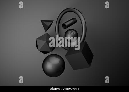 3D render of abstract geometric shapes on a black background. Minimalistic concept. Ball torus cube, pipe, platonic, pyramid, icosa Stock Photo