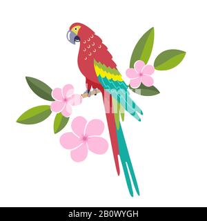 Parrot sits on a branch with flowers Stock Vector