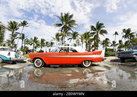 Plymouth Belvedere Convertible, year 1957, fifties, classic American car, Ocean Drive, Miami South Beach, Art Deco District, Florida, USA, Stock Photo