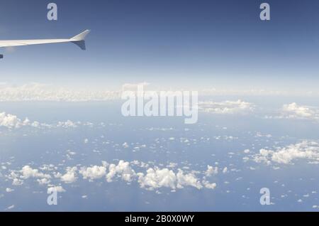 Cloud fields, subtropics, wing of an Airbus A380, Atlantic Ocean, Atlantic, Bermuda, Stock Photo